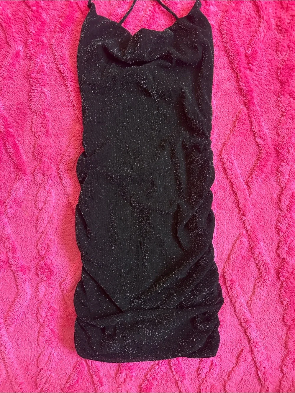 Black Sparkle Cowl Neck rucched Dress